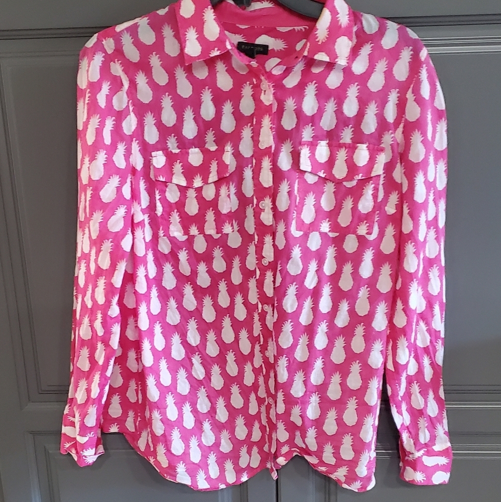 Talbots Pink Pineapple 100% Cotton Button Down Shirt Size SMALL⚜️💖⚜️
